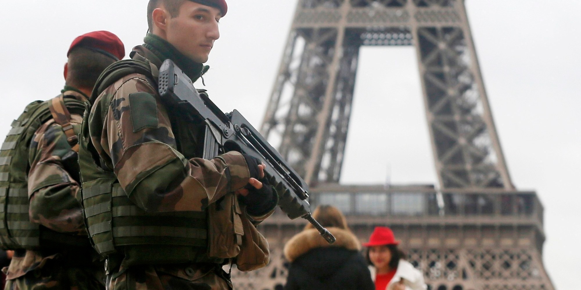 French soldier patrol near the Eiffel Tower in Paris as part of the highest level of "Vigipirate" security