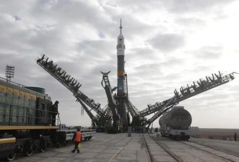 Installation of Soyuz rocket booster