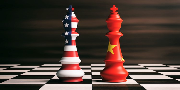 USA and China cooperation concept. USA and China flags on chess kings. 3d illustration
