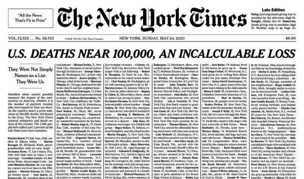 New York Times dedica l’intera prima pagina ai morti di Covid-19