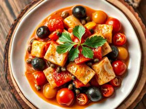 Baccalà con pomodori, capperi e olive