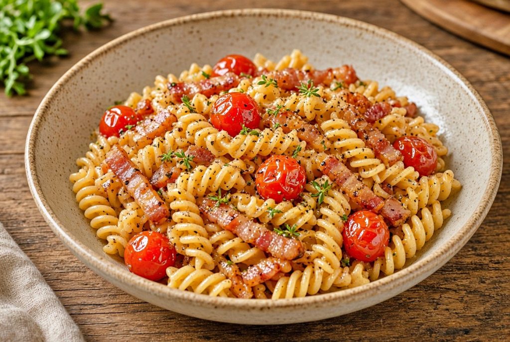Fusilli bucati alla pancetta dolce e datterini