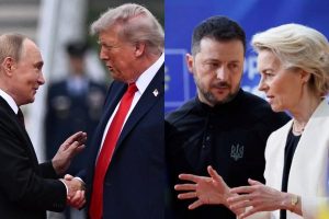 Vladimir Putin, Donald Trump, Volodymyr Zelensky e Ursula von der Leyen