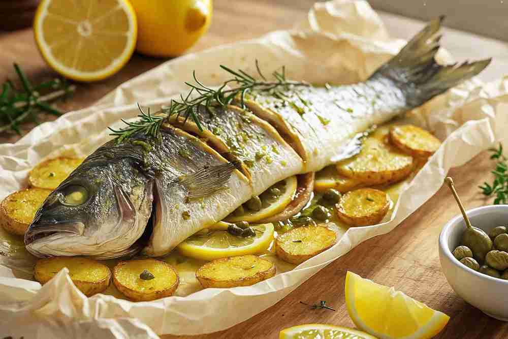 Branzino al forno con olive taggiasche e patate: sapori di fine autunno Branzino al forno con olive taggiasche e patate: sapori di fine autunno