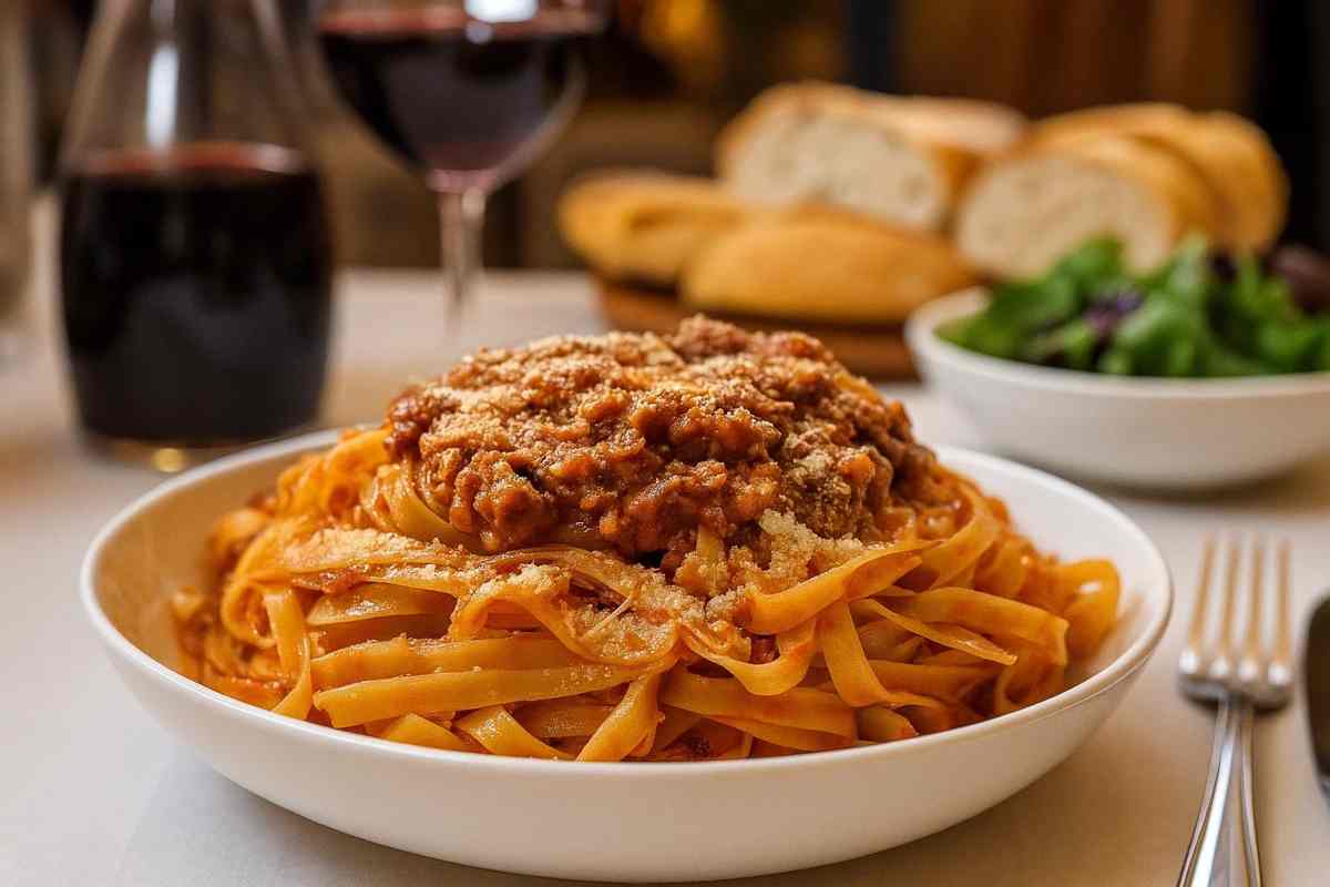 Tagliatelle al ragù con cappello di Parmigiano Tagliatelle al ragù con cappello di Parmigiano